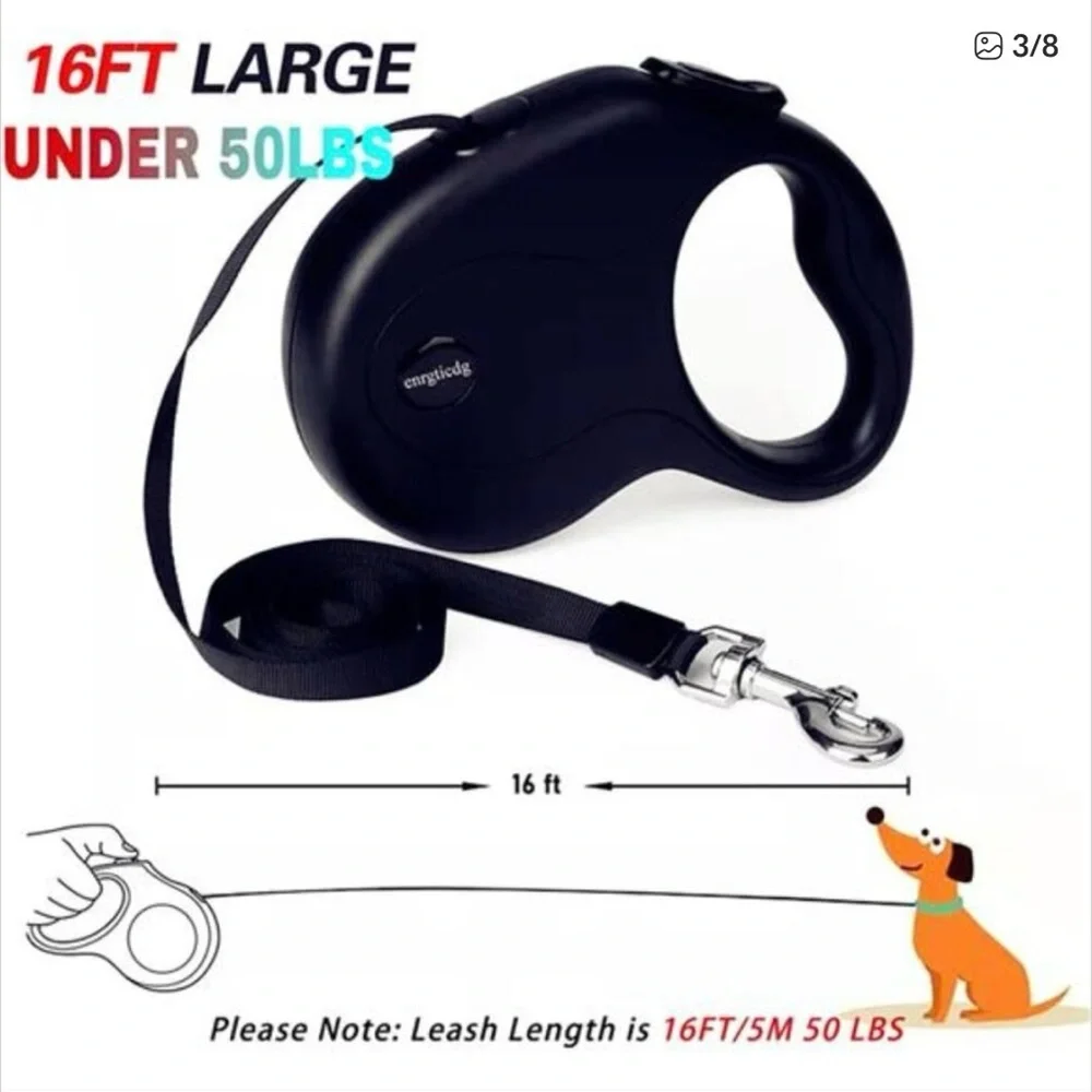 Retractable Black 16’ Dog Lease Small Medium Dogs Up to 50 lbs New